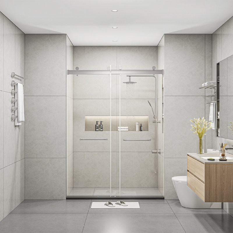 Frameless 60" Clear Glass Sliding Shower Doors with Brushed Nickel Finish