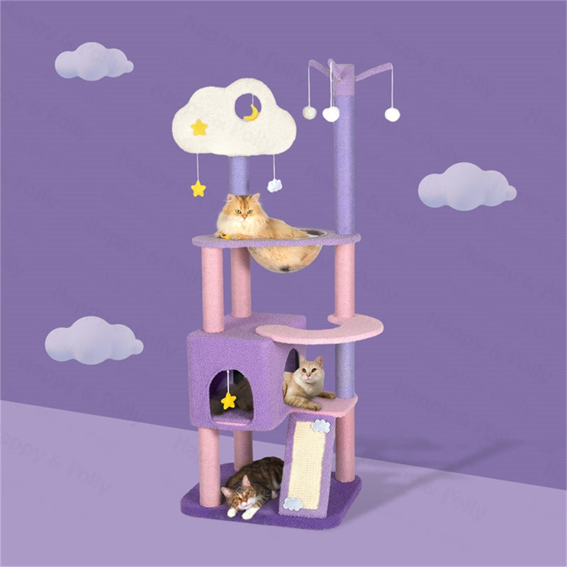 Arbre à chat de luxe de 63 po avec poteaux à griffer Deluxe Moonlight Deluxe, tour de chat mauve avec glissoire