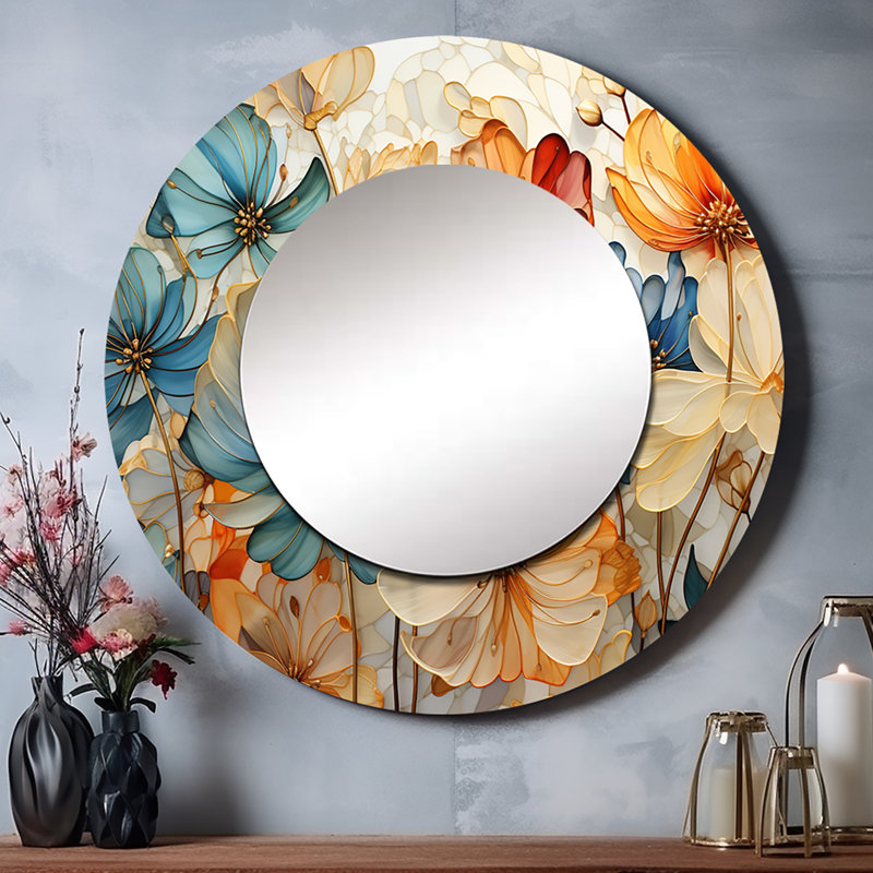 Oulman Teal Orange Petal Mosaics II - Botanicals Wall Mirror, Teal Round Decorative Mirror, Printed Metal Art, 36" x 36"