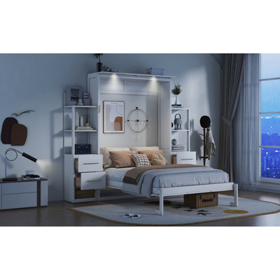 Lit escamotable pleine grandeur peu encombrant avec tablettes de rangement, conception moderne en MDF, pour la maison et le bureau