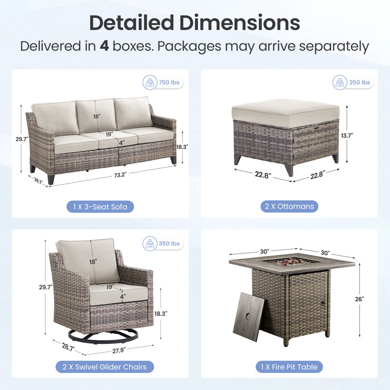 Maelie 6-Piece Outdoor Patio Fire Pit Conversation Set With Square Fire Pit, Swivel Gliders And Ottomans, Beige