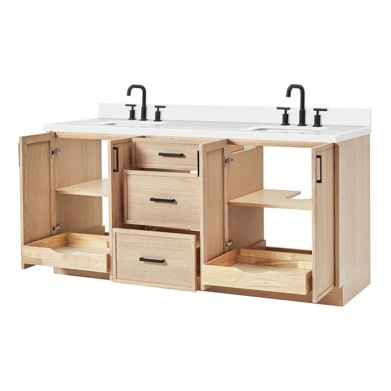ARIEL Kelly 73 Double Sink Bathroom Vanity with Pure Quartz Top, Oak, Pure White Quartz, Rectangular