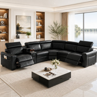 6-Piece Luxury Breathable Leather Power Reclining Sectional Sofa With Power Adjustable Headrests, Storage Console, Bluetooth Speakers  &  LED Lighting
