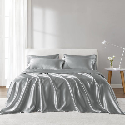 Drap simple gris 100% satin de luxe - froissé, doux pour les cheveux, 1 drap plat l 66 po x L 96 po, housse l 39 po x L 75 po, 4 taies d'oreiller à texture douce,
