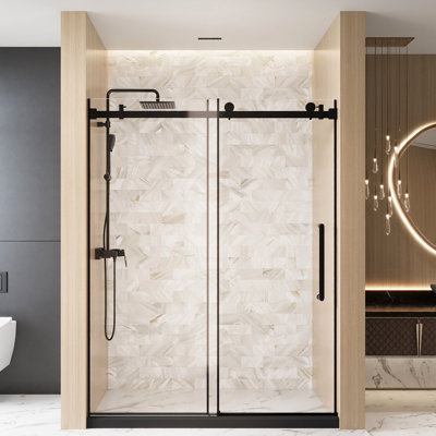 56 - 60 "W X 76" H Bathroom Single Sliding Shower Door, 1/4 " 6 Mm  Clear Tempered Glass, Stainless Steel Handle, Film, Square Tube Track In Matte Black Glass H, Track, Film And Handle For
