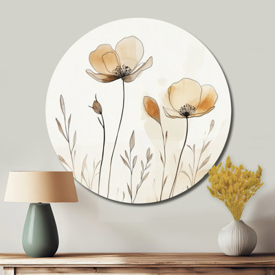 Minimalist Line Florals In Beige - Décoration murale ronde en métal à motif floral abstrait