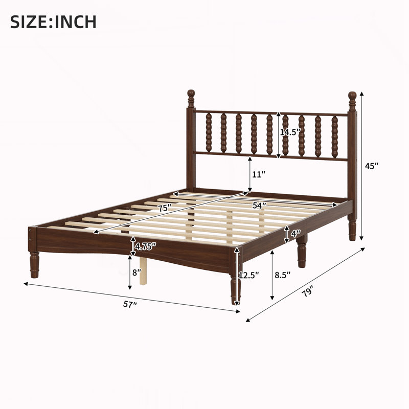Lit plateforme double en bois avec tête de lit en forme de gourde, Noyer, Lit double