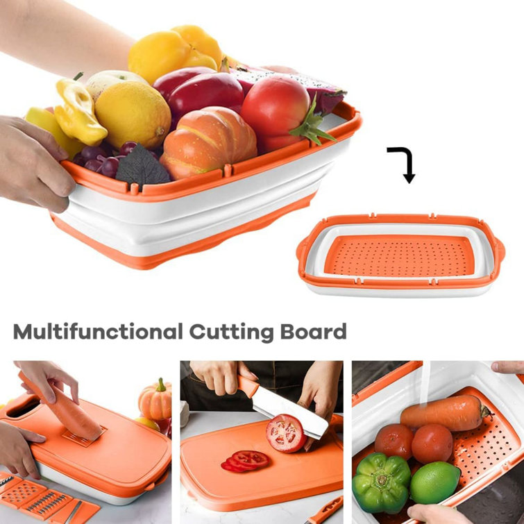 Collapsible Cutting Board, Foldable Chopping Board with Colander,  Multifunctional Kitchen Vegetable Washing Basket Silicone Dish Tub for BBQ  Prep/Picnic/Camping 