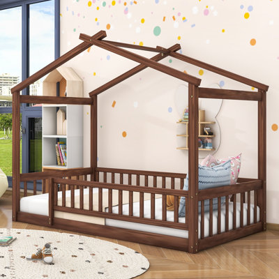 Structure de lit en bois avec clôture Akeiba, pour enfants, adolescents