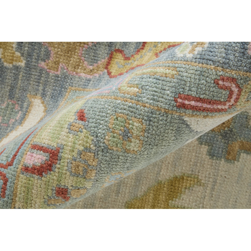 Karina Hand Knotted Wool Floral Area Rug in Blue/Gray/Rust/Gold, Runner 2'6" x 8'