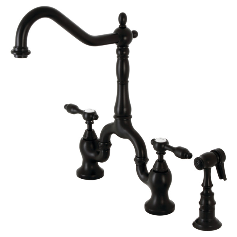 Kingston Brass Tudor Two-Handle 3-Hole Deck Mount Bridge Kitchen Faucet with Brass Side Sprayer, Matte Black