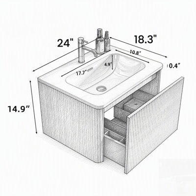 Striped Walnut Bathroom Vanity with White Solid Surface Sink, Wall Mounted Floating Design for Modern Bathrooms, Pre-assembled