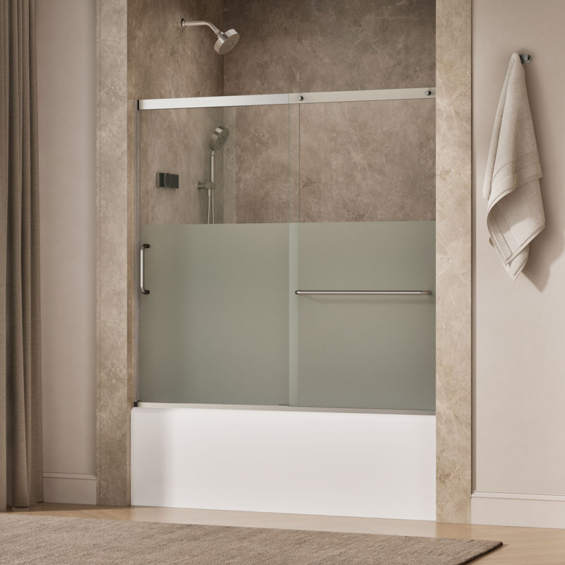 Elate Sliding Bath Door, 56-3/4-In H X 56-1/4 - 59-5/8-In W With Heavy 5/16-In Thick Crystal Clear Glass With Privacy Band