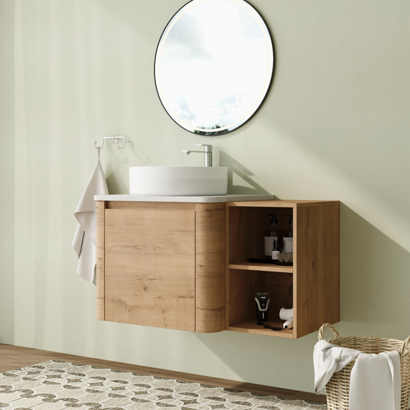 Meuble-lavabo flottant mural 36 po avec comptoir en quartz et portes et tablettes de rangement à fermeture en douceur, Blanc