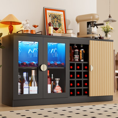 Large Wine Bar Cabinet For Home, Liquor Coffee Bar Cabinet With Led Lights & 12 Detachable Bottle Rack, Sideboard And Buffet Cabinet For Kitchen Dinin by 17 Stories
