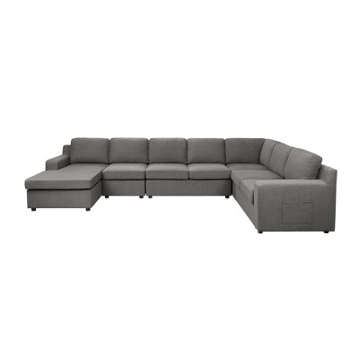 Linen 7-Seater U-Shape Sectional Sofa Chaise With Pocket In Gray by Latitude Run