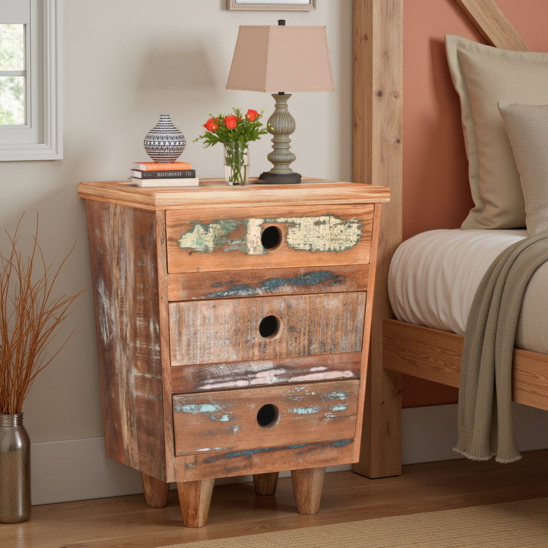 Reclaimed Wood Nightstand with 3 Drawers, Fully Assembled Rustic Side Table
