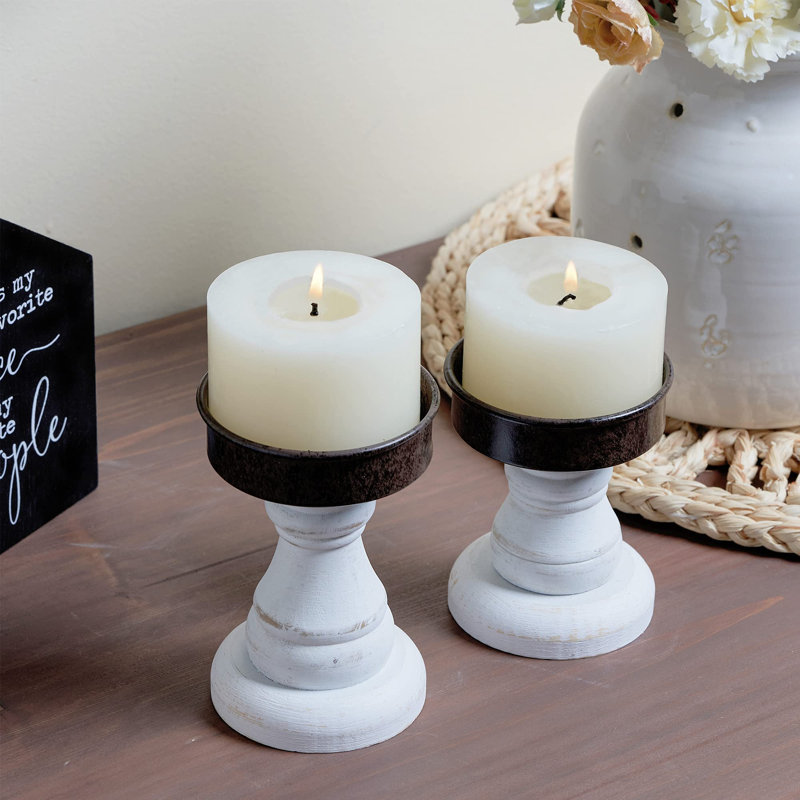 Ensemble de 2 piédestaux décoratifs en bois rustique avec plaque galvanisée, Brun foncé / blanc