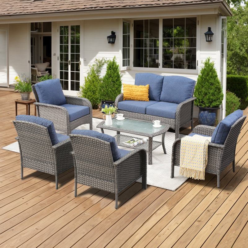 6 - Person Outdoor Seating Group With Cushions, Denim Blue
