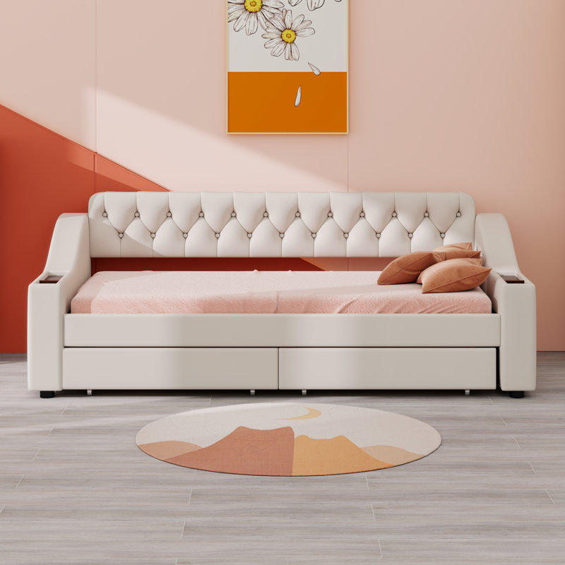 Lit de jour rembourré avec tiroirs, accoudoirs de rangement et port USB, Beige