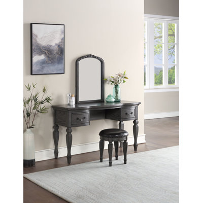 Bedroom Classic Vanity Set Wooden Carved Mirror Stool Drawers Antique Grey Finish  On-Site