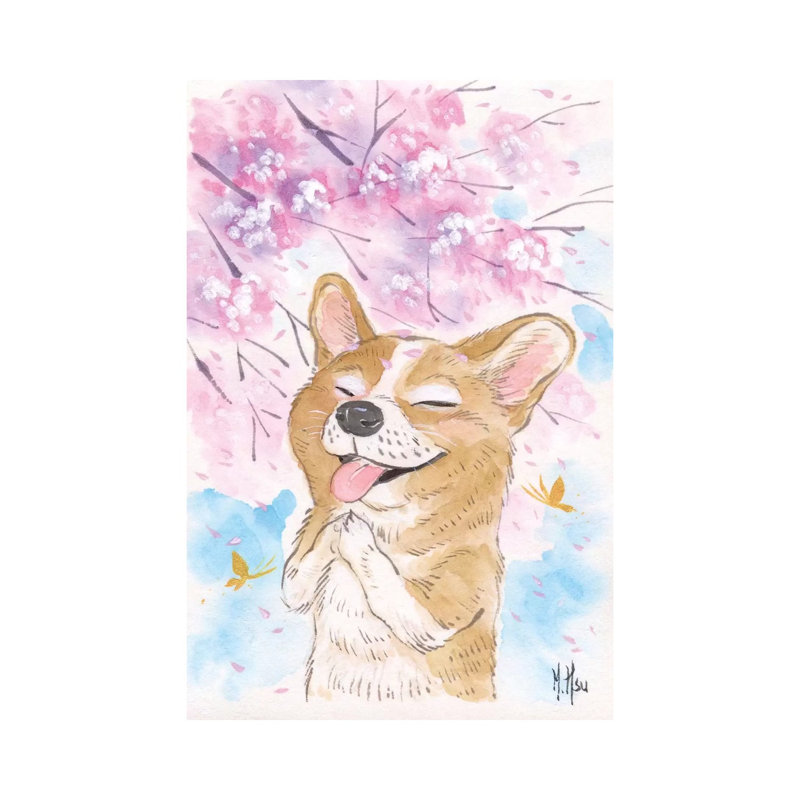 Cherry Blossom Wishes - Corgi by Martin Hsu - Painting on Canvas, 101.6 cm H x 66.04 cm W x 1.91 cm D, Wrapped Canvas