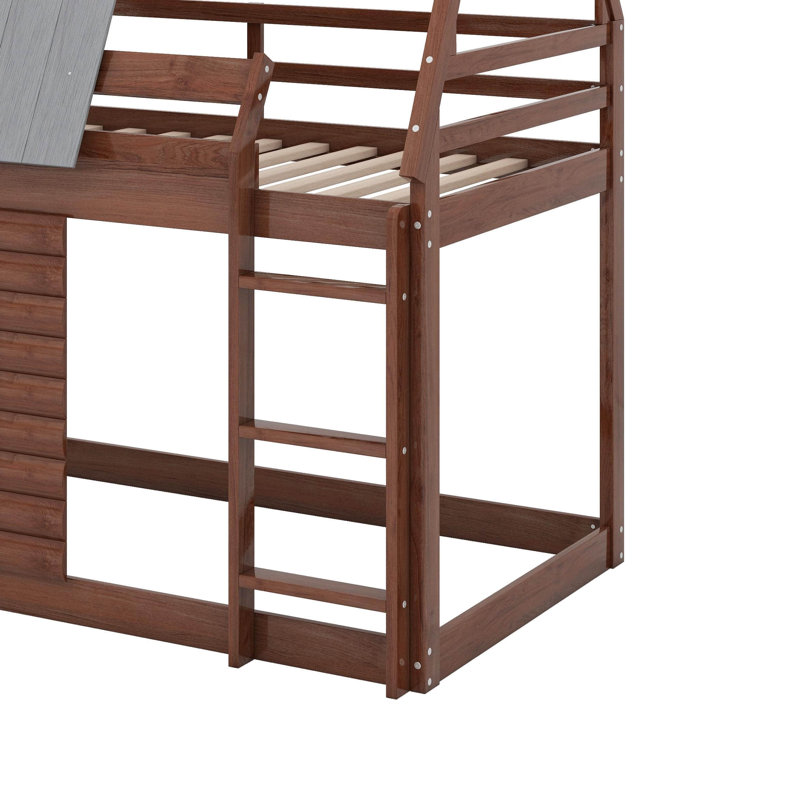 Lit superposé simple en bois avec toit, échelle et 2 fenêtres
