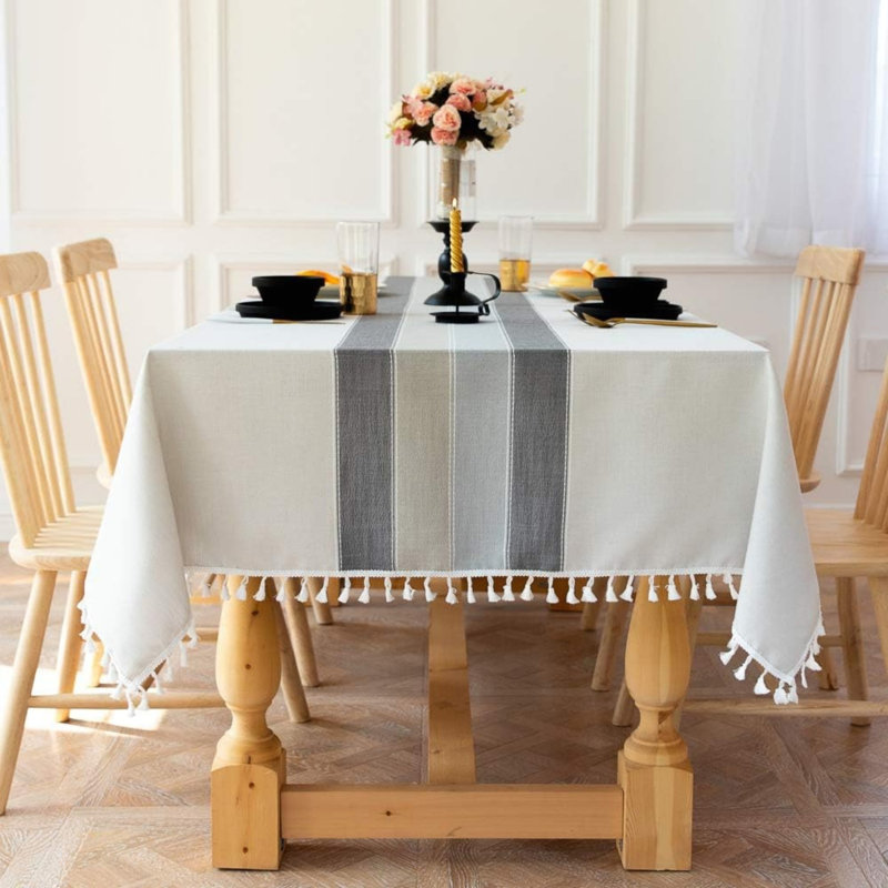 Washable Stitching Tassel Table Cloth Cotton Linen Tablecloth Rectangular Dust-Proof Table Cover  (Grey, 140x220cm)