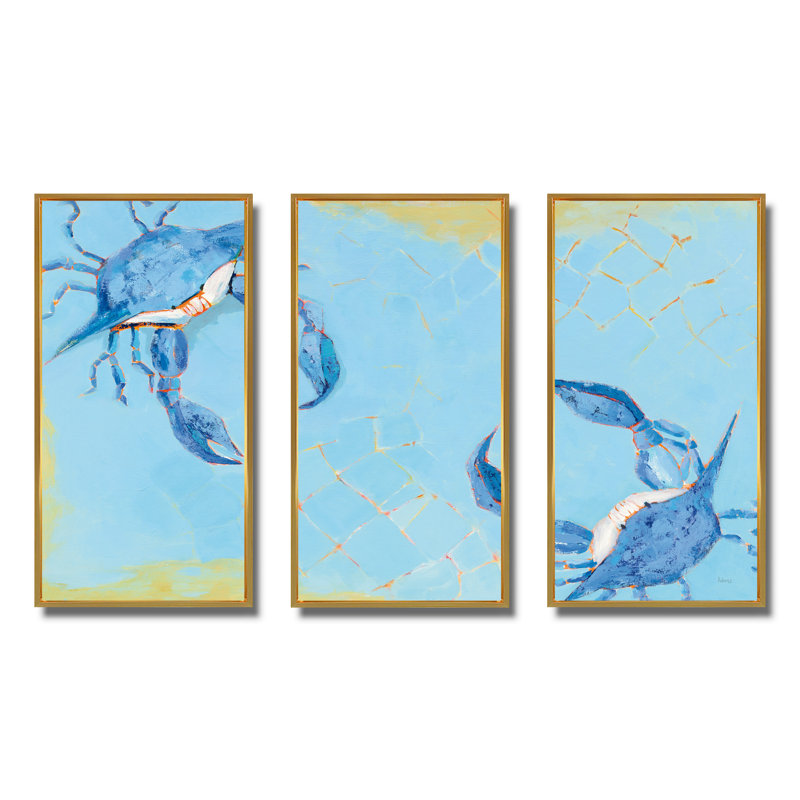Bataille de crabe bleu côtier - ensemble d'art mural sur toile encadré nautique et côtier, H 32 po x l 48 po, Doré