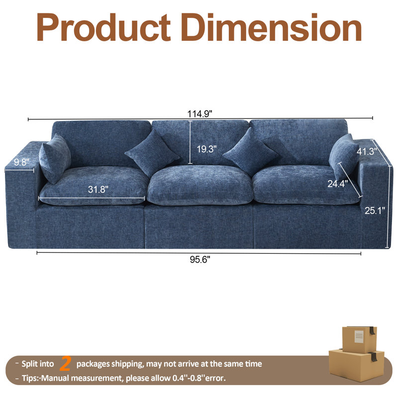 Canapé en chenille, H 25,1 po x l 114,9 po x P 41,3 po, Bleu