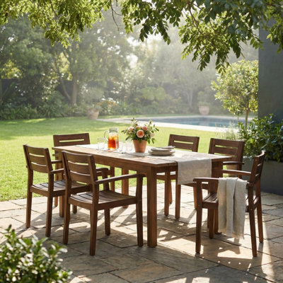 Ensemble de salle à manger d'extérieur en bois d'acacia 7 pièces 7 pièces, 1 grande table moderne, 1 ensemble de mobilier de salle à manger pour pelouse, cour, terrasse de jardin, bord de piscine, brun foncé