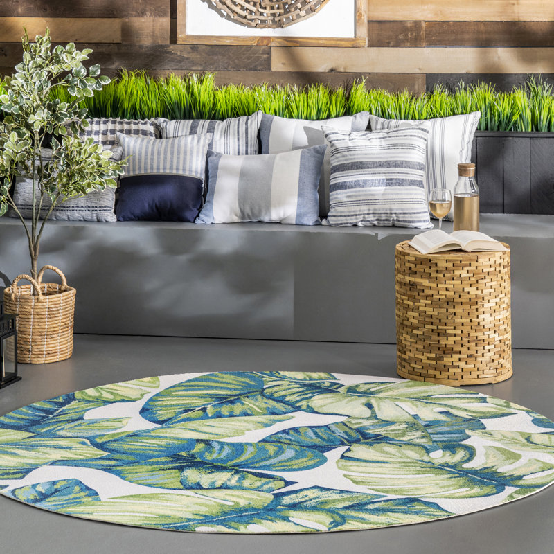 Tapis de patio intérieur / extérieur vert feuille tropicale Commer, Rond 4 pi