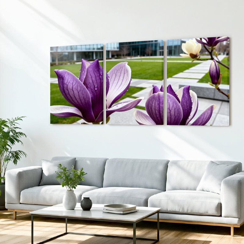 Ensemble de 3 tableaux sur toile tendue représentant des fleurs de magnolia violet, pour la décoration du salon et de la chambre à coucher.