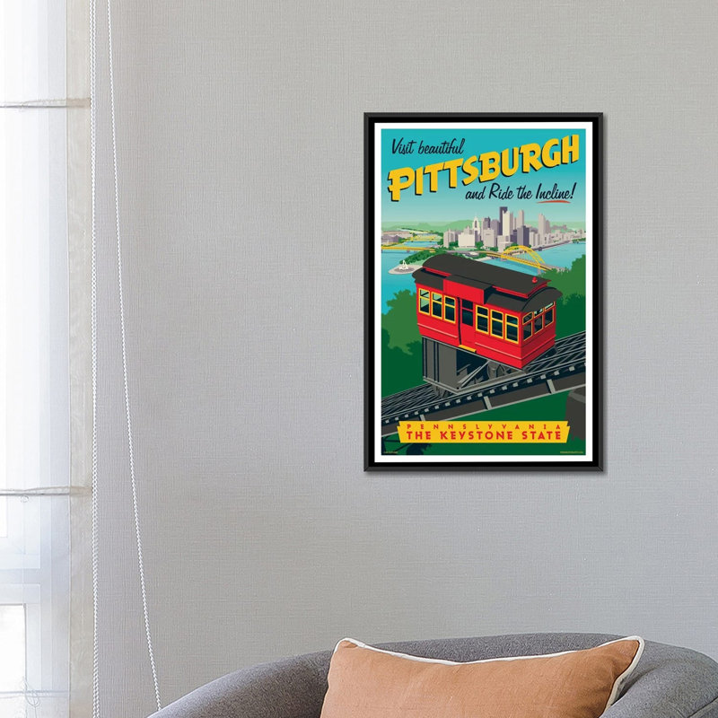 Affiche de voyage inclinée Pittsburgh par Jim Zahniser-impression d’art graphique, Pas de tapis, Toile avec cadre noir