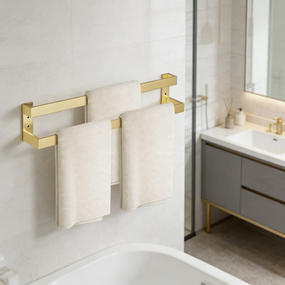 Double Towel Bar Rack For Bathroom, Stainless Steel Wall-Mounted Towel Holder With Brushed Gold Finish, Durable Bathroom Hardware Accessory