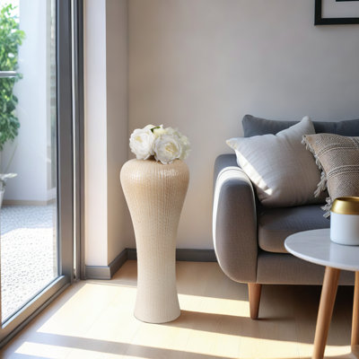 Modern Casual Stoneware Vase with Sculptural Curved Silhouette and Textured Vertical Detailing for Contemporary Decorative Accent in Entryway or Living Room Decor