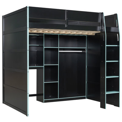 Modern Loft Bed With Desk, Storage Bookcase And Lighted Open Wardrobe