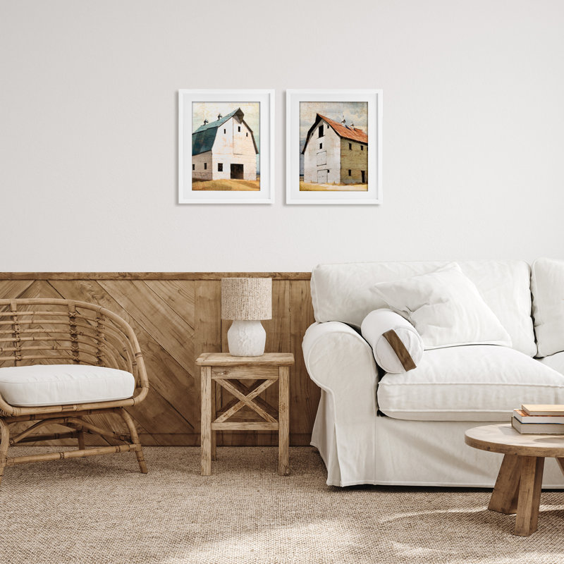 Rustic Big Barns, ensemble de 2 reproductions encadrées sous verre, par Susan Jill, Cadre blanc côtier, H 16 po x l 13 po