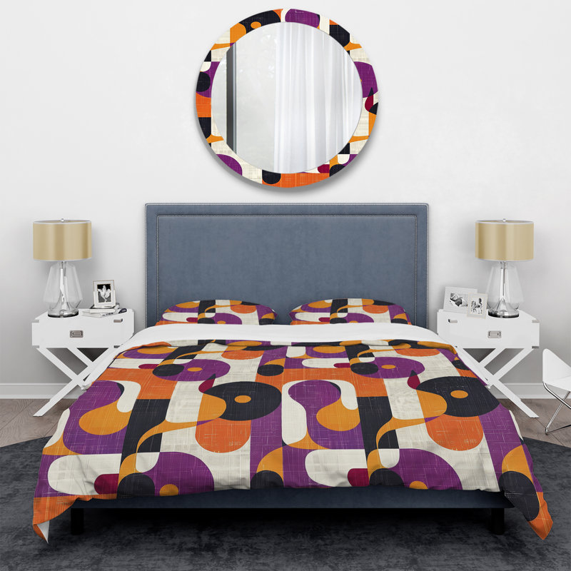 Ensemble de housse de couette orange, mauve et géométrique rétro, Housse de couette très grand et 2 très grandes t