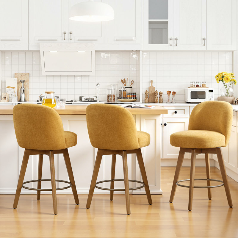 Ensemble de 3 tabourets de comptoir pivotants 26 po avec structure en bois massif et dossier moyen, Jaune / chenille, 3
