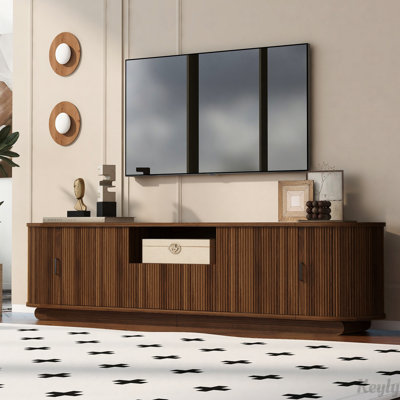 TV Stand with Open Shelf, Drawer, Cabinets, Hidden Sliding Storage, Rounded Corners, Waterproof