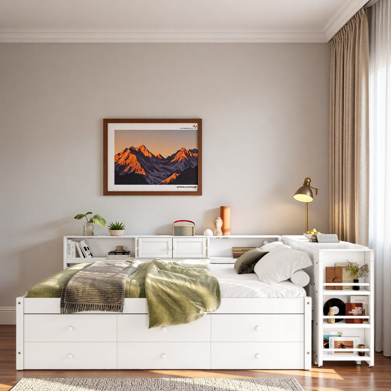 Wood Daybed With Storage Drawers, Side Shelves, Desk And Trundle, White, Full / Double