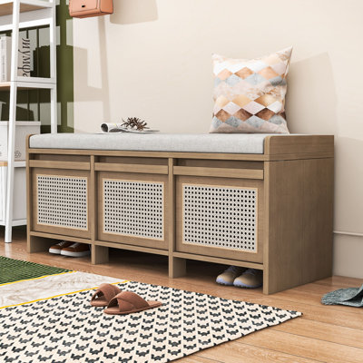 Retro Entryway Storage Bench with 3 Rattan Drawers, Hidden Lift-Top Storage and Removable Upholstered Cushion for Hallway
