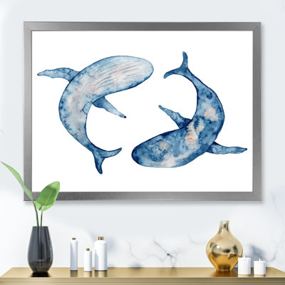 «Blue Whales Watercolor Illustration on White», reproduction sur toile