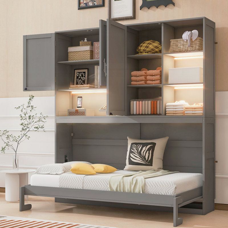 Lit escamotable mural avec armoire supérieure, tablettes, Gris