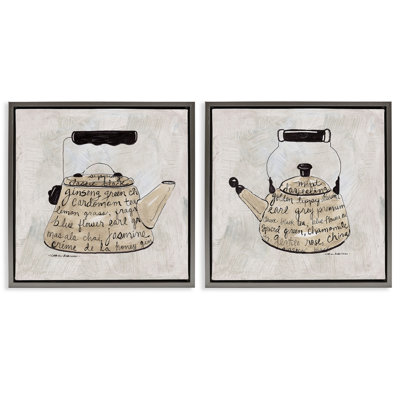 Antique Tea Kettle Phrases 2 Piece Brown Framed Floater Canvas Set, design by Carol Robinson