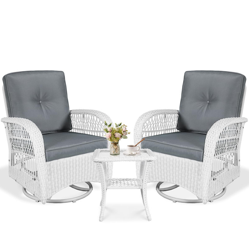 Bay Isle Homeâ„¢ 3-piece Outdoor Conversation Bistro Set, Patio Swivel Glider Rocking Chairs Rattan Furniture Sets W/ 2 White Rattan Chairs, Glass Top Side Table For Porch Backyard, Cushions