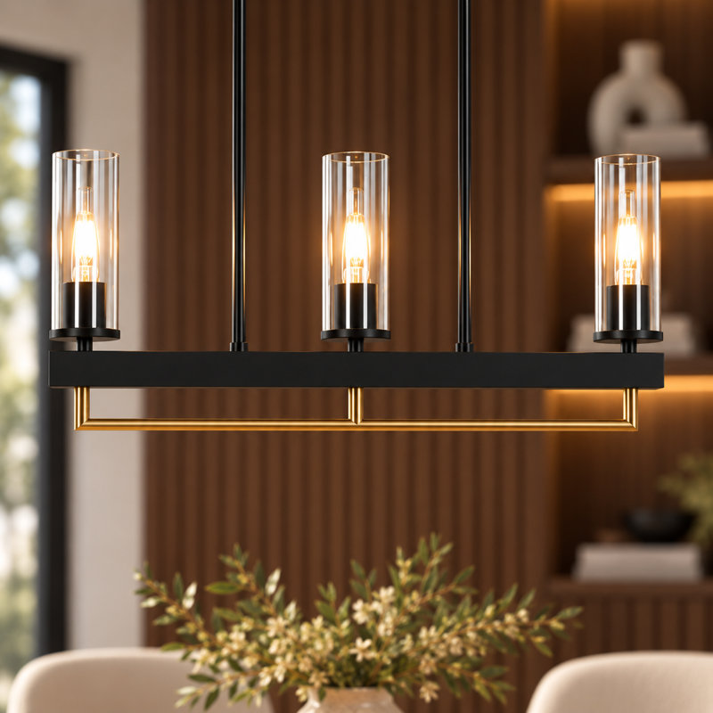 Suspension linéaire moderne à 3 lumières avec finitions noire et or foncé, îlot de cuisine