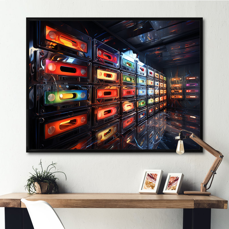 Retro Futur Melodic Beats I - Cassette Tapes, art mural, Cadre flottant noir, H 12 po x l 20 po x P 1 po