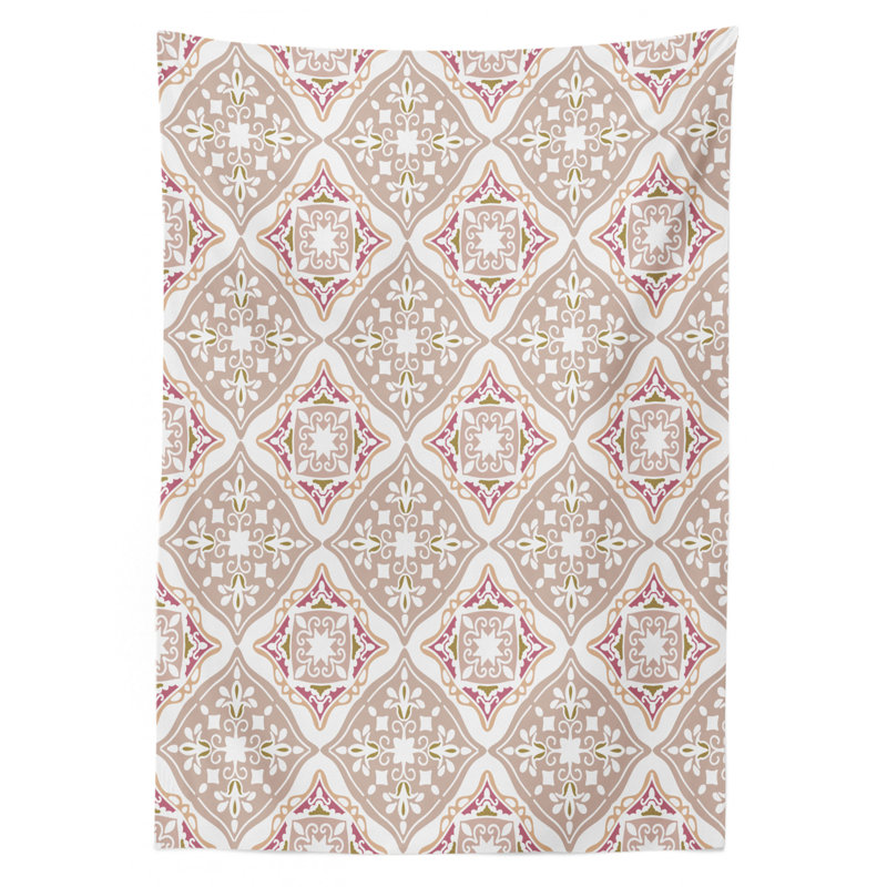 Moroccan Tablecloth, Pastel Colored Complex Tiles With Geometrical Shapes Persian Art, Rectangular Table Cover For Dining Room Kitchen Decor, 52" X 70", Beige Pink White